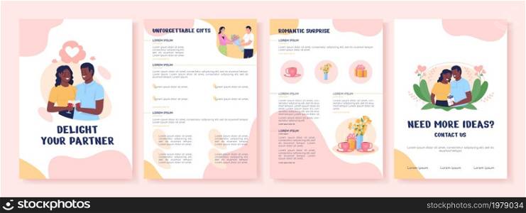 Delight your partner flat vector brochure template. Romantic idea. Flyer, booklet, printable leaflet design with flat illustrations. Magazine page, cartoon reports, infographic posters with text space. Delight your partner flat vector brochure template