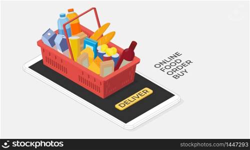 Deliver, online food order, buy. Vector isometric illustration. Smartphone with a button and a red grocery basket with products. Delivery service mobile app baner