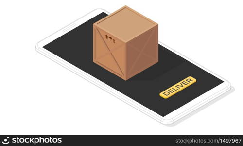 Deliver. Vector isometric illustration. Smartphone with a yellow button and brown wooden box with transportation cargo symbols. Delivery service mobile app baner