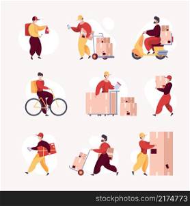 Deliver workers. Delivery services warehouse guy packing movers postman with boxes safety containers garish vector illustrations flat style. Box delivery, service worker courier man. Deliver workers. Delivery services warehouse guy packing movers postman with boxes safety containers garish vector illustrations flat style