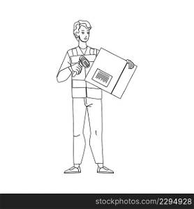 Deliverer Scanning Barcode On Carton Box Black Line Pencil Drawing Vector. Delivery Man Scanning Barcode With Laser Scanner Device On Cardboard. Character Checking Packaging Information Illustration. Deliverer Scanning Barcode On Carton Box Vector