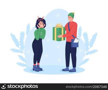 Delivering Christmas present 2D vector isolated illustration. Receiving New Year gift. Courier with happy customer flat characters on cartoon background. Express order shipment colourful scene. Delivering Christmas present 2D vector isolated illustration