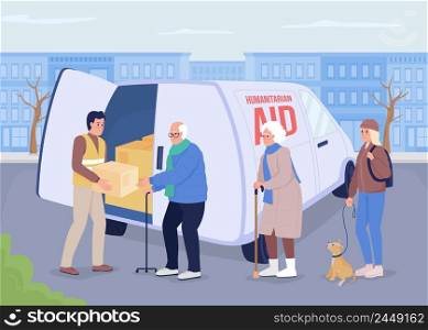 Delivering humanitarian relief flat color vector illustration. Volunteer providing humanitarian aid to vulnerable people 2D simple cartoon characters with cityscape on background. Bebas Neue font used. Delivering humanitarian relief flat color vector illustration