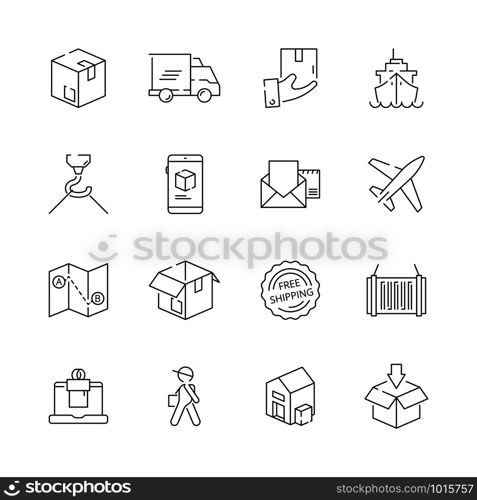 Delivering icons. Shipping logistics delivery sea freight free shipment moving items vector thin line symbols. Illustration of delivering and shipping processing, moving tracking. Delivering icons. Shipping logistics delivery sea freight free shipment moving items vector thin line symbols