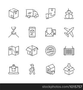 Delivering icons. Shipping logistics delivery sea freight free shipment moving items vector thin line symbols. Illustration of delivering and shipping processing, moving tracking. Delivering icons. Shipping logistics delivery sea freight free shipment moving items vector thin line symbols