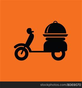 Delivering motorcycle icon. Orange background with black. Vector illustration.