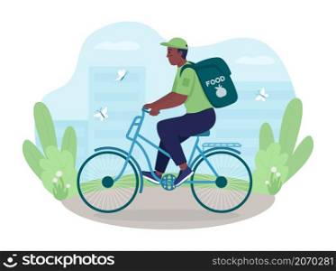 Delivering order on bike 2D vector isolated illustration. Man in uniform riding. Courier on bicycle flat character on cartoon background. Alternative sustainable shipment colourful scene. Delivering order on bike 2D vector isolated illustration