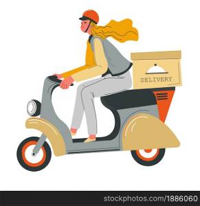 Delivering ordered food, female character riding moped with box. Fulfilling clients purchase, woman on scooter with parcel for customer. Pizzeria delivery, takeaway meal vector in flat style. Food delivery, woman riding moped scooter with box