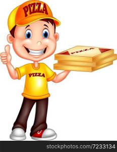 Delivering pizza. thumb up of cheerful young delivery man holding a pizza box while isolated on white background