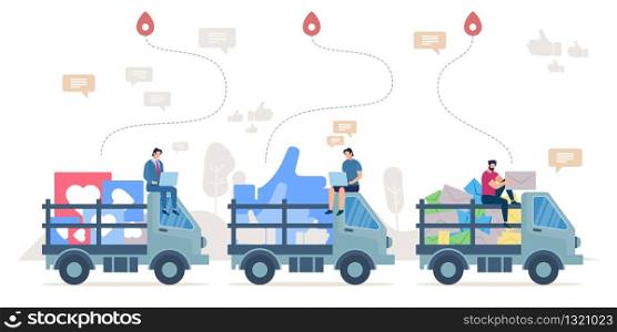 Delivering social network positive reactions, successful marketing, ad campaign flat vector concept. People with laptops sitting on Trucks loaded with thumbs up, hearts, letters signs illustration