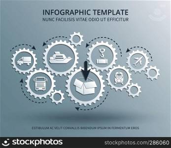 Delivery and distribution business vector consept with gears mechanism, transport, packing and shipping icons. Transportation and logistic industry illustration. Delivery and distribution business vector consept with gears mechanism, transport, packing and shipping icons