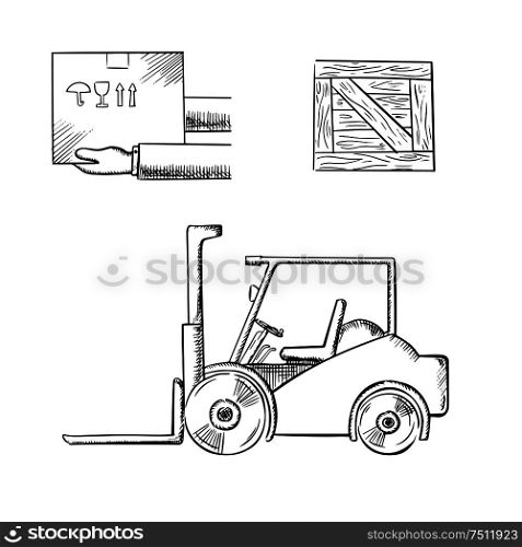 Delivery and logistics service concept with carrying box in hands, wooden crate and forklift truck, outline sketch style. Delivery box, crate and forklift truck