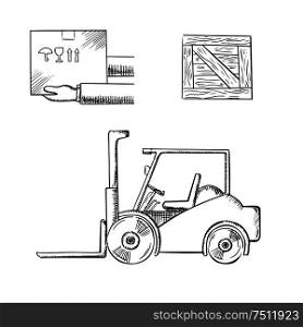 Delivery and logistics service concept with carrying box in hands, wooden crate and forklift truck, outline sketch style. Delivery box, crate and forklift truck