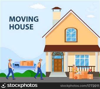 Delivery and relocation service concept. moving house. Delivery character man movers carry sofa with big carton cardboard box. Vector illustration in flat style. Truck for transportation of goods