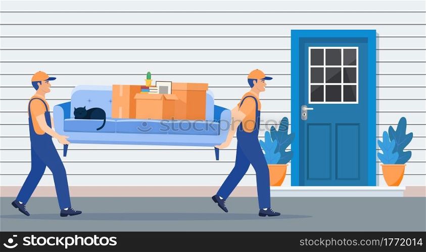 Delivery and relocation service concept. moving house. Delivery character man movers carry sofa with household items. Vector illustration in flat style. Truck for transportation of goods