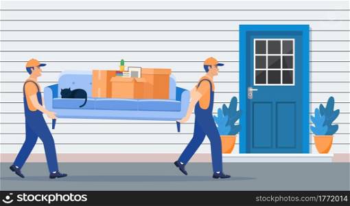 Delivery and relocation service concept. moving house. Delivery character man movers carry sofa with household items. Vector illustration in flat style. Truck for transportation of goods