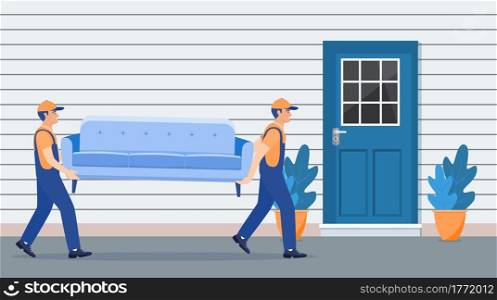 Delivery and relocation service concept. moving house. Delivery character man movers carry sofa. Vector illustration in flat style. Truck for transportation of goods