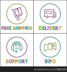 Delivery and shipping information support minimalistic framed icons set in linear style with cuyline on white backdrop. Glyph for e-commerce or retail.. Delivery and Shipping Information Support Icon Set