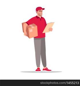 Delivery and shipping semi flat RGB color vector illustration. Man with clipboard and cardboard box. Caucasian male courier in red uniform isolated cartoon character on white background. Delivery and shipping semi flat RGB color vector illustration