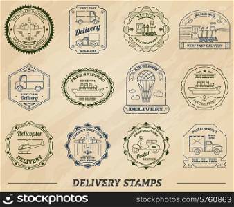 Delivery and shipping stamps set on paper isolated vector illustration