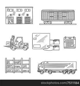 Delivery and storage service icons in sketch style with warehouse building, freight wagon, cargo truck, forklift truck, storage rack, calendar and hands with cardboard box. Vector sketch. Delivery and storage service sketch icons