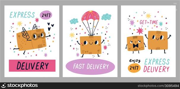 Delivery box posters. Cute cardboard container characters, funny boxes with happy faces hand drawn cartoon style, fly to addressees, express transportation, advertising banners with mascots vector set. Delivery box posters. Cute cardboard container characters, funny boxes with happy faces hand drawn cartoon style, fly to addressees, express transportation, advertising banners vector set