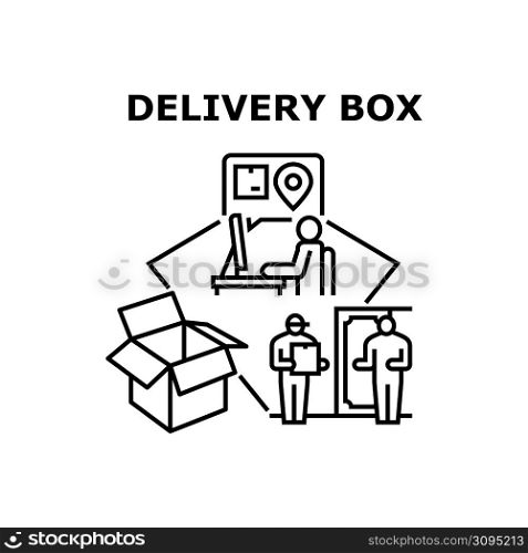 Delivery Box Vector Icon Concept. Delivery Box For Putting Good Product And Shipping To Customer, Transportation Company Service Man Delivering Cardboard To Client Home Door Black Illustration. Delivery Box Vector Concept Black Illustration