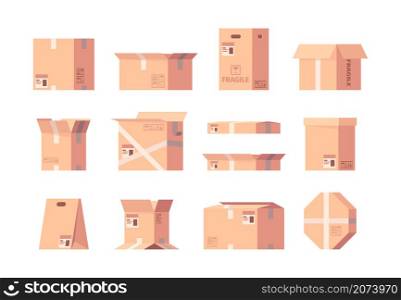 Delivery boxes. Cardboard containers cargo boxes in flat style garish vector postal symbols. Container delivery box, package cardboard transportation illustration. Delivery boxes. Cardboard containers cargo boxes in flat style garish vector postal symbols