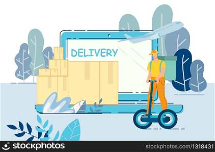 Delivery by Eco Transport Online Service Advertisement. Courier Riding Hoverboard with Food Basket. Parcels Stack Standing on Huge Laptop. Worldwide Shipment by Airplane. Different Transportation Ways. Delivery by Different Transportation Ways Service