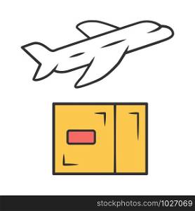 Delivery by plane color icon. International cargo shipping. Air freight. Transfer and shipment of parcels, packages. Express air delivery, airmail. Cargo aircraft. Isolated vector illustration