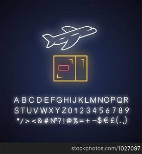 Delivery by plane neon light icon. International cargo shipping. Air freight. Transfer and shipment of parcels, packages. Cargo aircraft. Glowing alphabet, numbers. Vector isolated illustration