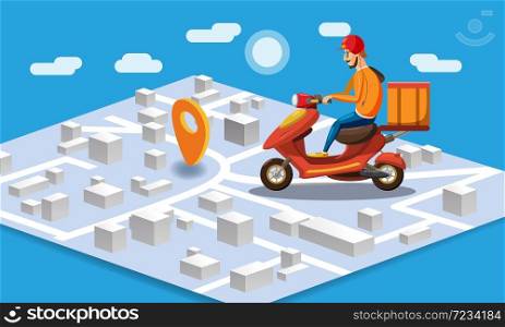 Delivery by scooter moped on mobile tracking online, map isometric. Delivery by scooter moped on mobile tracking online, map isometric. Online food order service. Landing page, template, ui, web, mobile app, poster, banner, flyer. Vector isolated