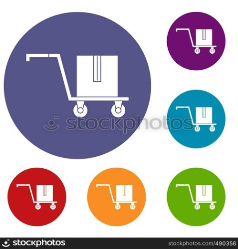 Delivery cart with box icons set in flat circle red, blue and green color for web. Delivery cart with box icons set