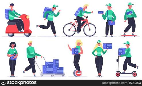 Delivery characters. Courier, postal workers, service boy with parcels and packages. Male and female delivery service workers vector illustrations. People on different vehicles shipping packs. Delivery characters. Courier, postal workers, service boy with parcels and packages. Male and female delivery service workers vector illustrations