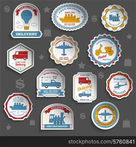 Delivery commercial shipping and transportation paper stickers set isolated vector illustration