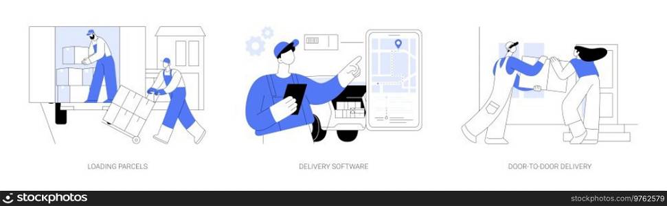 Delivery company abstract concept vector illustration set. Loading parcels in truck, delivery smartphone app software, door-to-door express shipment, receive order, courier service abstract metaphor.. Delivery company abstract concept vector illustrations.