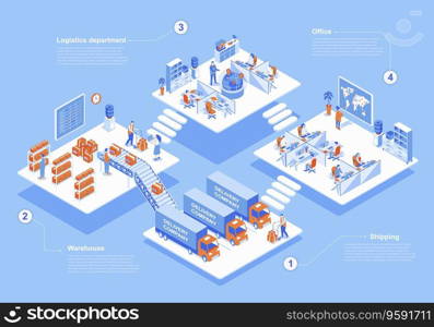 Delivery company concept 3d isometric web scene with infographic. People work in logistics department, workers loading boxes in warehouse for shipping. Vector illustration in isometry graphic design