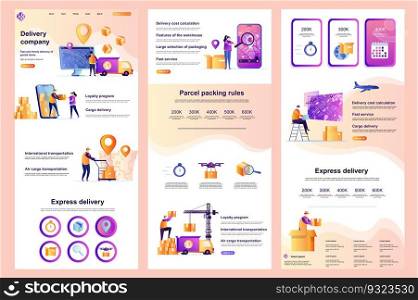 Delivery company flat landing page. Warehousing, logistics and distribution corporate website design. Web template with header, middle content and footer. Vector illustration with people characters.