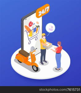 Delivery company isometric composition with round platform smartphone and worker with parcel customer and scooter images vector illustration