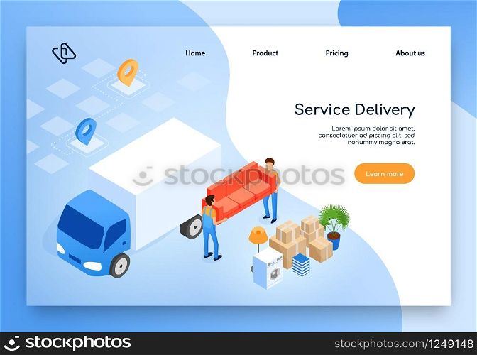 Delivery Company Online Service Isometric Vector Web Banner, Landing Page with Workers in Uniform Loading or Unloading, Furniture and Home Stuff in Boxes in Truck During House Moving Illustration