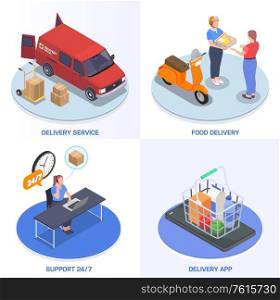 Delivery company service 2x2 design concept with square compositions of isometric images and editable text captions vector illustration