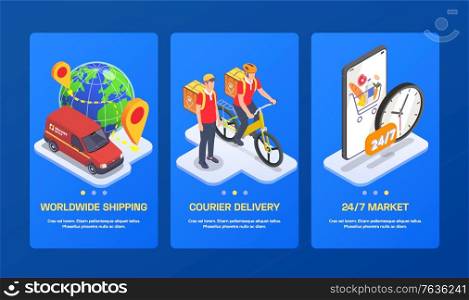 Delivery company service isometric set of three vertical banners with page switch buttons and editable text vector illustration