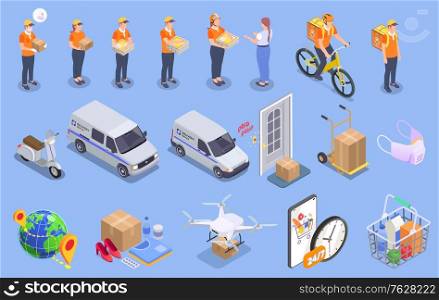 Delivery company service isometric set with isolated icons of goods vehicles and human characters of workers vector illustration