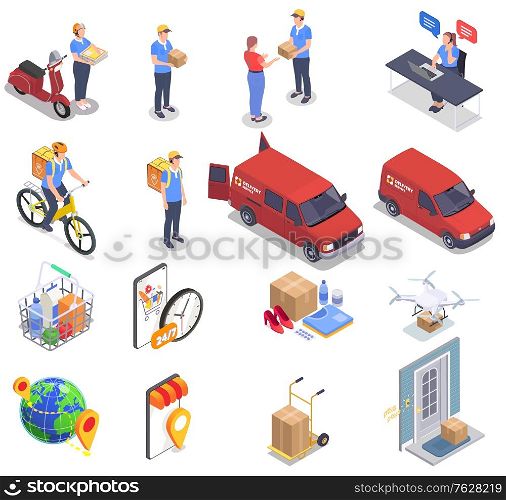 Delivery company set with isometric service icons images of products vans and people on blank background vector illustration