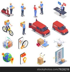 Delivery company set with isometric service icons images of products vans and people on blank background vector illustration
