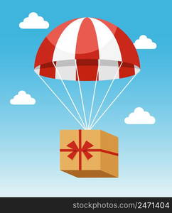 Delivery Concept - Attractive Red and White Parachute Carrying Delivery Cardboard Box on Light Blue Sky Background with White Clouds.