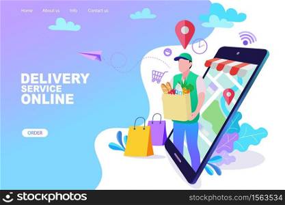 Delivery concept. Man Delivering Online with Grocery order from smart phone. Shopping on social networks through phone flat design style. Online shopping vector illustration.
