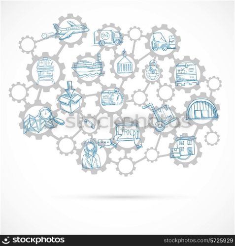Delivery concept sketch with shipping and distribution icons connected with gears vector illustration