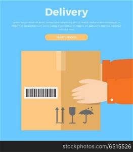 Delivery Concept Web Banner in Flat Style Design.. Delivery concept web banner in flat style. Cardboard package in courier hands. Shipping goods and parcels at home. Illustration for delivery companies and services web pages design.