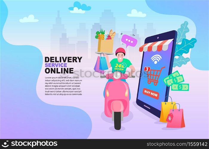 Delivery concept website landing page. Young delivery man sitting on a scooter. cartoon vector illustration.